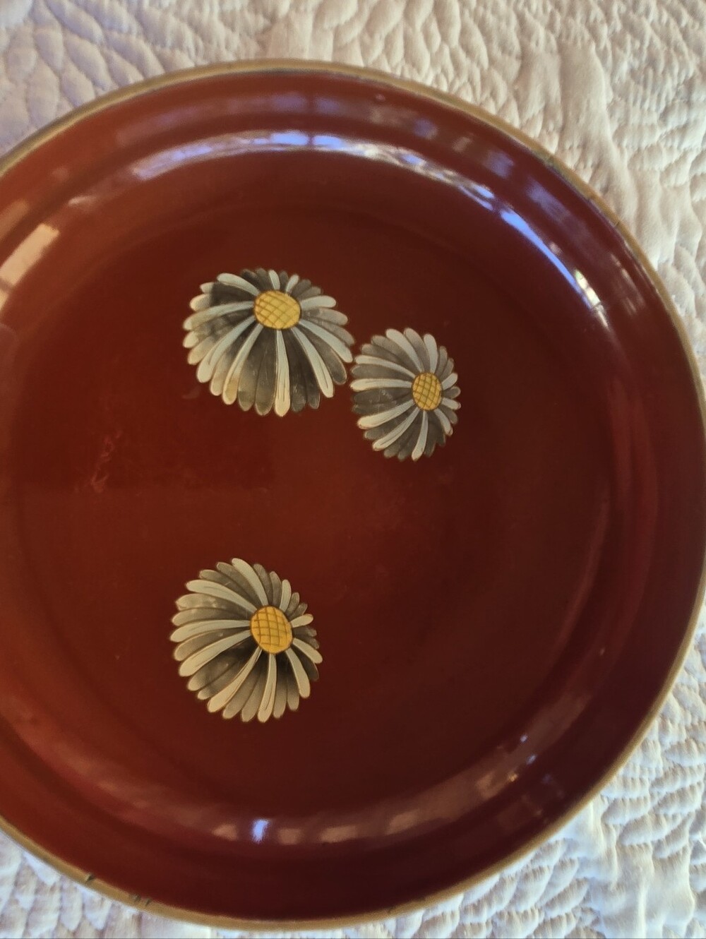 Japanese Laquer Shallow Chrysanthemum Daisy Bowl Rust Background 1956